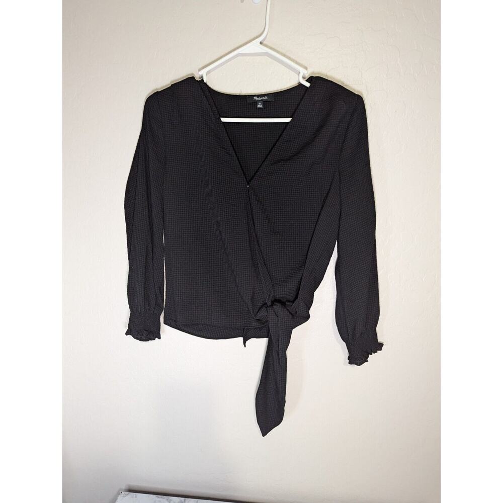 Madewell Texture And Thread Crape Long Sleeve Wrap V Neck Black Shirt XS